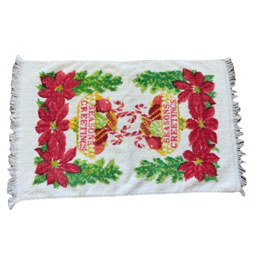 Vintage Cannon Terry "Seasons Greetings" Hand Towel Christmas Poinsettia 22"x14"